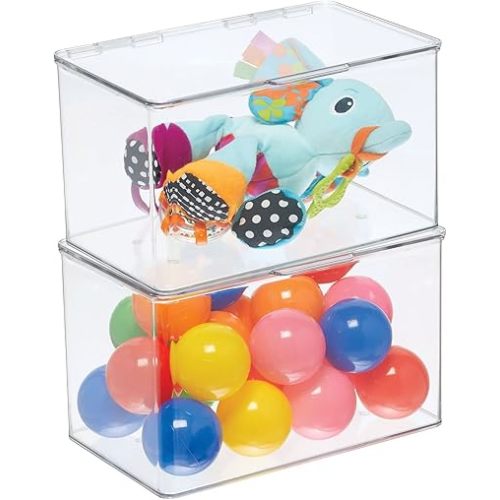 mDesign Set of 2 Storage Boxes with Lids – Stackable Plastic Storage Boxes for Nursery – Practical Plastic Toy Box Set – Clear
