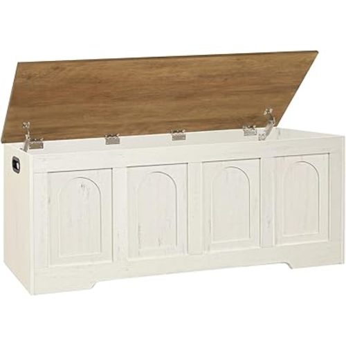 DINZI LVJ Storage Chest, 47.2”Wooden Storage Bench with 2 Safety Hinges, Farmhouse Toy Box with Flip-Top, Large Trunk for Living Room, Bedroom, Easy Assembly, Honey Brown and Rustic White