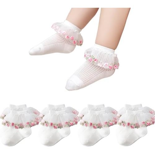 Looching Baby Infant Cute Lace Ankle Socks with Embroidered Flowers Toddler Eyelet Floral Socks 4 Pack