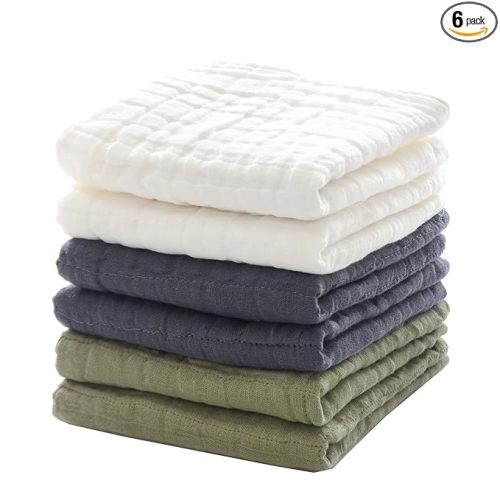 MUKIN Baby Washcloths, Muslin Cotton Face Cloths, Newborn Soft Absorbent Bath Wipes, Burp Cloths or Towels, Pack of 6, 12x12 inches (White,Dark Gray,Tea Green)