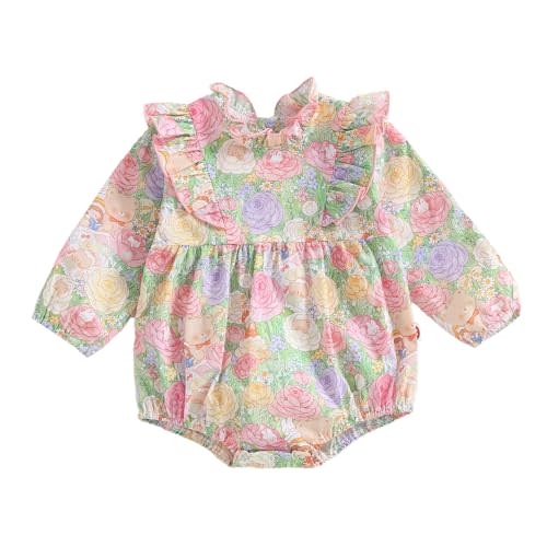 Mialoley Floral Linen Romper Baby Girl Fall Outfits Newborn Floral Long Sleeve Bodysuit Linen Ruffle Jumpsuit Winter Clothes