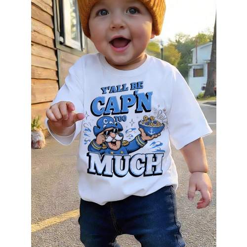 Toddler Casual Short-Sleeve Top – Blue And White Cartoon Captain Cereal Fun English Print – Loose Crew Neck Everyday Short Sleeve