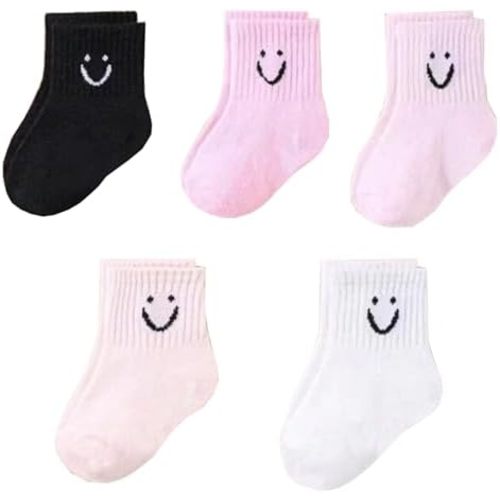 Toddler Boys Girls Crew Socks, Happy Face Unisex Kids Soft Cotton Solid Color Dress Ankle Socks, Pack of 5
