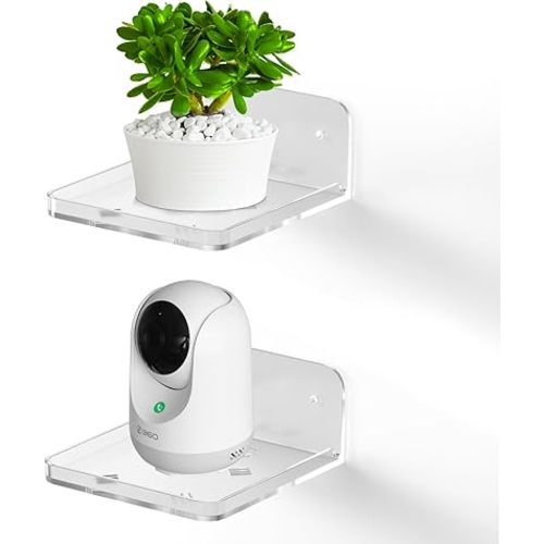 Acrylic Small Wall Mount Floating Camera Shelf 2 Pack Baby Monitor Holder, Echo Dot 5th Wall Mount Storage, Clear Mini Flexible Shelf for Bathroom, Bedroom, Kitchen