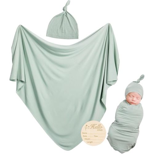 BubblePanda Rayon Made from Bamboo Baby Swaddle Blanket Set with Matching Beanie,Soft & Breathable Receiving Blankets for Infant Newborn, Swaddle Wrap for Babies Girl and Boy, 35 x 35 Inch