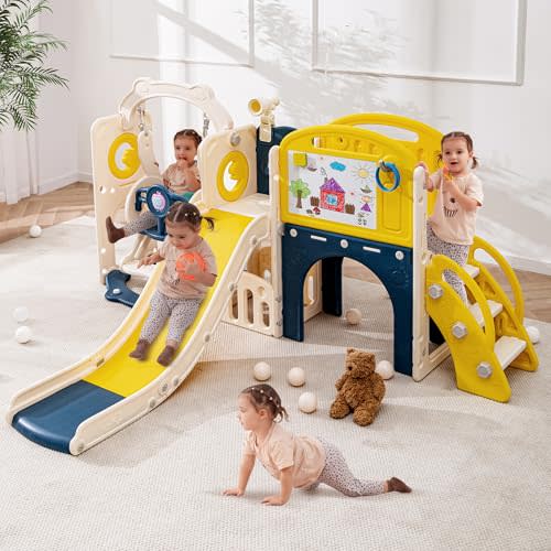 12-in-1 Kids Slide Swing Set, 84" Toddler Playset Indoor Outdoor Age 1-3 | 12-in-1 Toddler Playset — Slide, swing, climber, hoop, tunnel, storage & more for ages 1-3