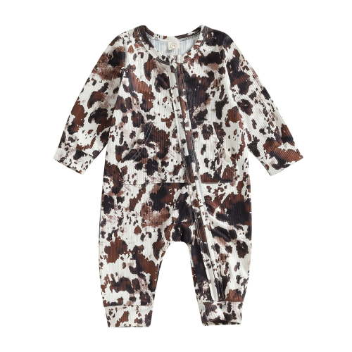 Western Baby Boys Girls Long Sleeve Jumpsuit 3M 6M 12M 18M Cow Print Zip Up Onesie Romper Newborn Cowboy Coming Home Outfits