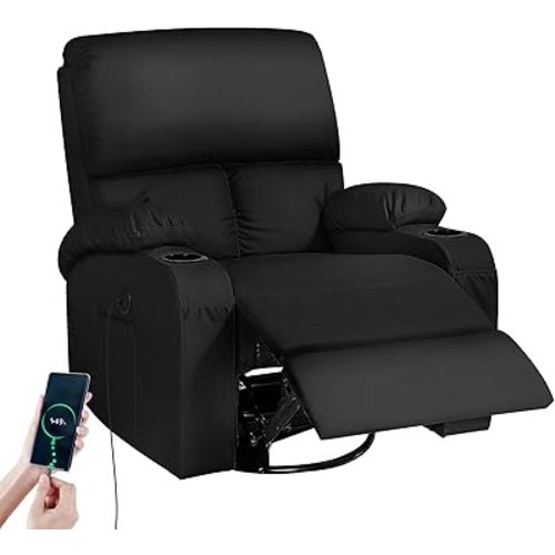 Rocking Recliner Chair, Massage Rocker Recliner Chair with Vibration Massage and Heat, USB and Type-C Ports,360° Swivel Faux Leather Chairs, Living Room, Bedroom, Nursery, RV, Black