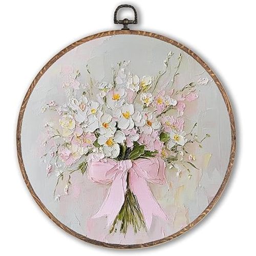 Hxlac Vintage Pink Bow Floral Bouquet Round Wall Art Framed, White Floral Round Wall Decor, Vintage Flower Hanging Canvas Prints Wall Sculptures for Bedroom Living Room Decor, 10x10 Inch