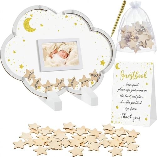 Baby Shower Guest Book Alternatives Baby Shower Decorations with Wooden Chips for 60 Guests Sign Picture Frame Pregnancy Keepsake for Soon to Be Moms(Cloud)