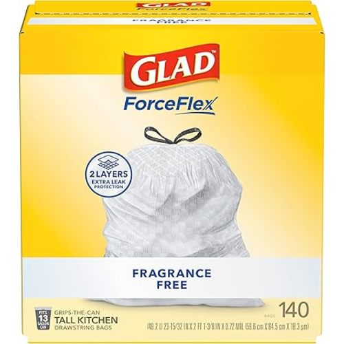 Glad ForceFlex Tall Kitchen Drawstring Trash Bags, 13 Gal, Fragrance Free, 140 Ct (Package May Vary)
