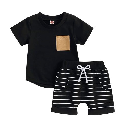 fhutpw Baby Toddler Boy Clothes Summer Outfits 6 12 18 24 Months Patchwork Short Sleeve T Shirt & Shorts Sets with Pockets
