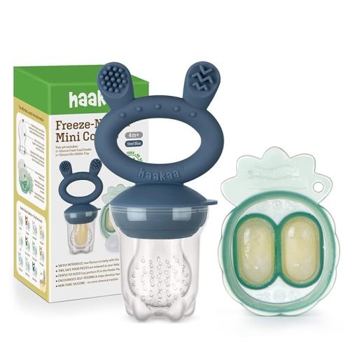 Haakaa Baby Fruit Food Feeder & Mini Freezer Nibble Tray Combo, Breastmilk Popsicle Molds for Baby Cooling Relief, BPA Free Silicone Feeder for Safe Infant Self Feeding, 4 Month+ (Steel Blue)