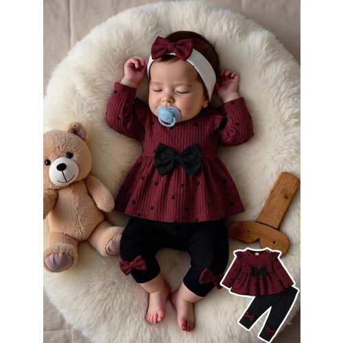 SHEIN Newborn Autumn/Spring Brown Soft Heart All-Over Print Black Bow Accent Knit Puff Sleeve Pullover Top Paired With Black Bow Accent Skinny Pants 2 Pieces Set, Suitable For Outings, Casual, Sports, Christmas Parties Baby Girl Knitted Outfits Bow Newbor