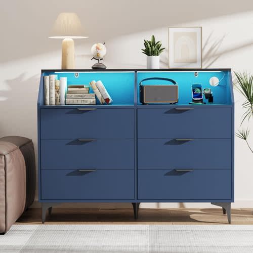 6 Drawer Dresser with LED Light, Chest of Drawers with Charging Station, Large Double Dressers, Wooden Dressers for Bedroom, Living Room, Entryway, Hallway (Blue)