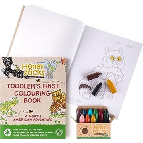 Honeysticks 100% Pure Beeswax Crayons Natural, Non Toxic, Safe for Toddlers, Kids and Children, Handmade in New Zealand, for 1 Year Plus (12 Pack with Book) Best Gift