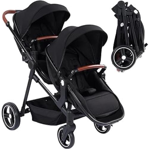Tandem Stroller, Double Bassinet Stroller for Newborn and Toddler Twins, Reversible Seat Adjustable Canopy, One-Hand Fold Frame with Large Storage Basket, Black