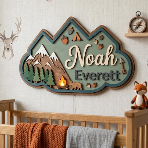 Personalized Mountain Name Sign, Woodland Nursery Decor, Custom Wooden Adventure Wall Art, Boy Room Name Plaque, Camping Theme Baby Gift