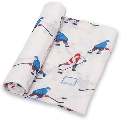 LollyBanks Swaddle Blanket 100% Muslin Cotton, 47 x 47 inches Soft Breathable Muslin Baby Swaddles for Boys, Baby Essentials, Registry and Gift (Ice Hockey Print), Pass, Shoot, Score