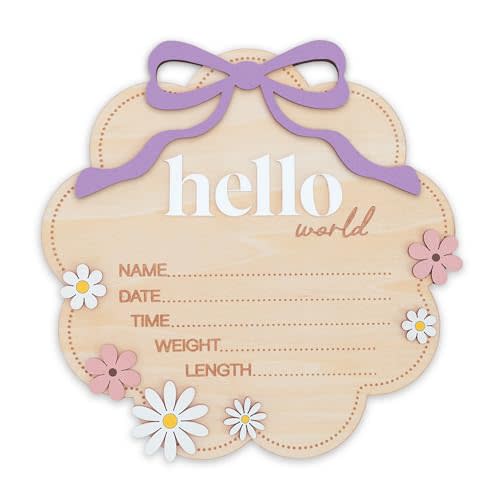 Hello World Wooden Baby Birth Announcement Sign with Pink Bow, Cloud Shape Floral Newborn Name Date Time Weight Length Board, Baby Girl Nursery Photo Prop (Purple)