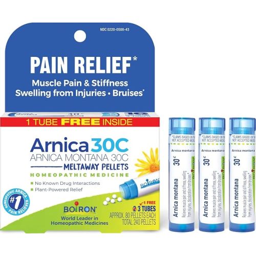 Boiron Arnica Montana 30C Homeopathic Medicine for Relief from Muscle Pain, Muscle Stiffness, Swelling from Injury, and Discoloration from Bruises - 3 Count (240 Pellets)