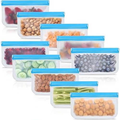 10 Pack Reusable Silicone Food Storage Bags, Leakproof Dishwasher Safe Reusable Freezer Bags for Food Containers, Lunch Bags for Sandwich, Snack, Marinate Meat, Salad Fruit