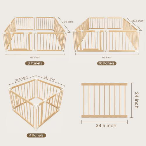 TouHeart Wooden Playpen for Baby & Toddlers, Foldable Large Baby Safe Play Fence Yards With Gate, 8 Panels, 69"x69"x24"