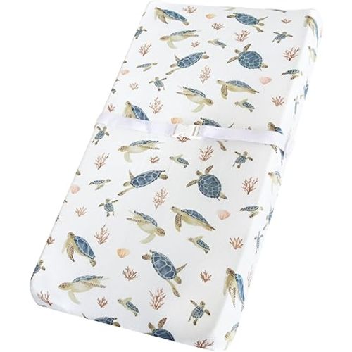 LifeTree Muslin Changing Pad Cover for Baby Girls Boys, 70% Viscose from Bamboo and 30% Cotton, 16"x32" Diaper Change Table Pad Covers, Soft Changing Pad Sheets, Sea Turtle Pattern