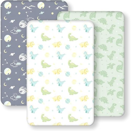 FIEMOL Baby Bedside Bassinet Sheets Fitted, 33”x20” Compatible with Baby Delight Dream On Me & Most Rectangle Bedside Sleeper Bassinet Mattresses, Super Soft Microfiber Green Dinosaur Planet
