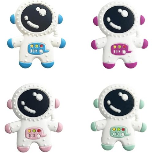 Baby Teething Spaceman Toy for 3+ Months Infants Sucking, Food Grade Silicon Astronaut Styling Teether, BPA Free (4 in 1 Pack)