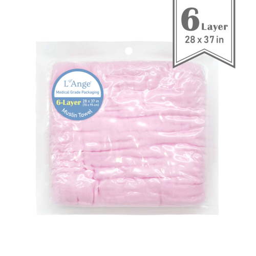 L’Ange Baby-Bath Towel-6 Layer, Muslin Receiving Blanket for Newborn, Baby, Kids & Home, Pink, 28 x 37 inches, Lightweight, Absorbent Towel, for Infant Delicate Skin, Medical Grade Packaging
