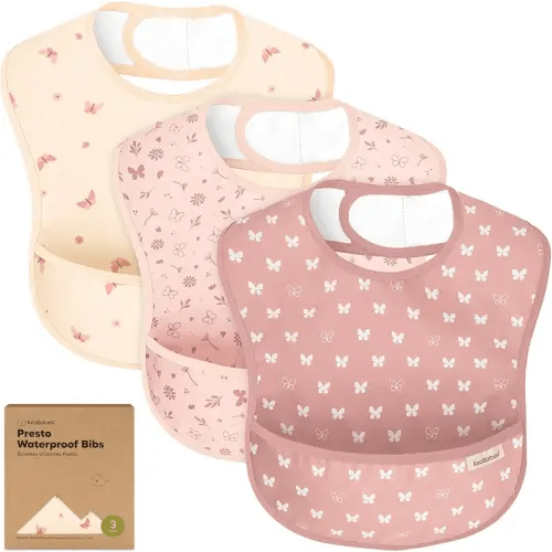 3-Pack Waterproof Baby Bibs for Eating - Lightweight Toddler Feeding Bibs with Large Food Catcher, Mess Proof, Food-Grade Baby Eating Essentials, Easy to Put On & Clean (Butterflies)