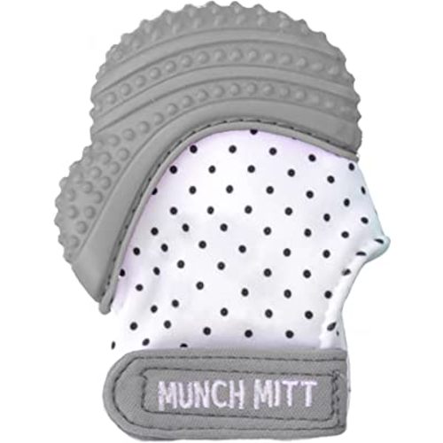 Malarkey Kids Baby Teething Mitten, Munch Mitt Baby Chew Toy - Protects Hands from Chewing & Saliva, Heals Aching Gums, Promotes Sound & Visual Stimulation for Babies Up to 1-Year-Old (Grey Polka Dot)