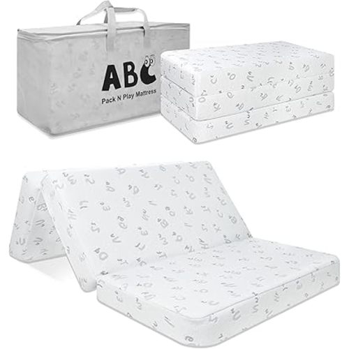 Trifold Pack and Play Mattress - 38"x26" Pack N Play Mattresses Pad with Breathable Removable Cover - High Density Foam Foldable Portable Travel Baby Crib Mattress,Bag Included