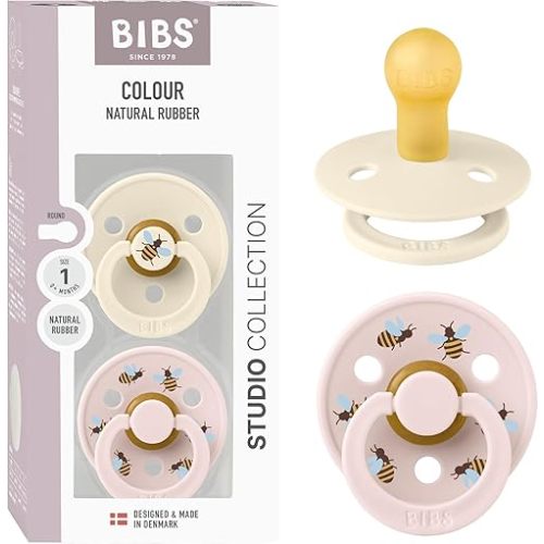BIBS Colour Studio Soother 2-Pack, BPA Free Dummy Pacifier, Round Nipple. Natural Rubber Latex, Made in Denmark, Size 1 (0-6 Months), Ivory/Petal
