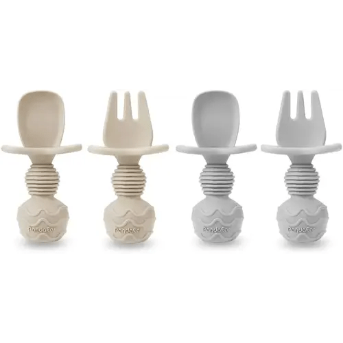 PandaEar (4 Pack) Silicone Baby Led Weaning Spoon Fork| First Training Self Feeding Utensils Set| Anti-Choke Silverware Eating Supplies for Toddler 6 Months Up (Carnation Grey)