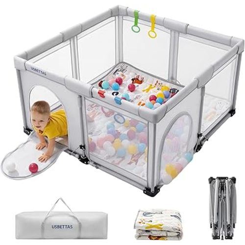 Foldable Baby Playpen with Mat, 1-Minute Setup, Lightweight Portable Playpen with Carry Bag, 50"x50" Indoor Outdoor Safty Play Yard for Babies & Toddlers, Light Gray