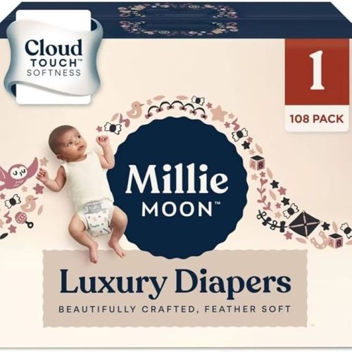 Millie Moon Luxury Diapers – Ultra Soft Cloud Touch Disposable Diapers with 12 Hour Absorbency & Wetness Indicator (1-108ct)