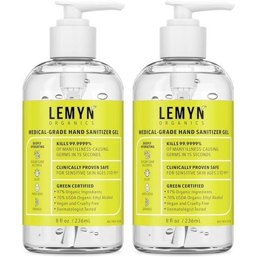Medical‑Grade Hand Sanitizer Gel – 97 % Organic | 70 % USP Ethyl Alcohol | Moisturizing Aloe + Hyaluronic Acid | Freshly Made in USA | 8oz Bottle with Pump (PACK OF 2)