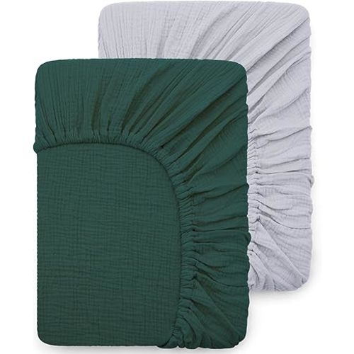 Pro Goleem Muslin Bassinet Sheet for Boys and Girls, Soft Breathable Fitted Cotton Baby Sheets Set for Oval Hourglass and Rectangular Bassinet Mattress, Neutral, 2 Pack (Grey＆Green)