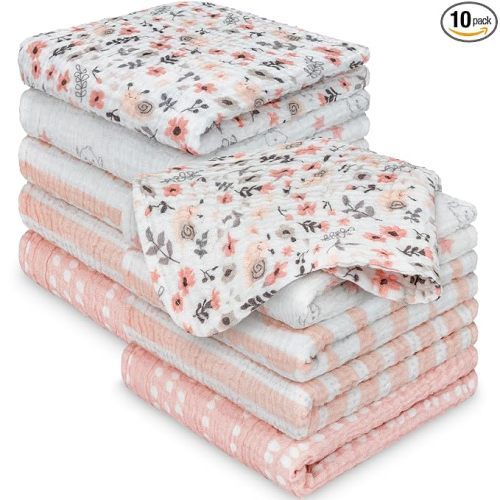 10pk Muslin Baby Washcloths for Newborn, 12x12 Soft Absorbent (Sweet Charm) | Organic Cotton Muslin Wash Cloths for Babies Girl, Boy, Infant, Toddlers, Kids Face Towel,Bath Essentials,Baby Burp Rags