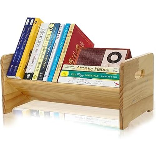 Desktop Bookshelf Organizer, Wood Office Tabletop Book Storage Rack, Tilting Bookcase for Books/Magazine Display,Small Desktop Bookshelf,Desk Shelf