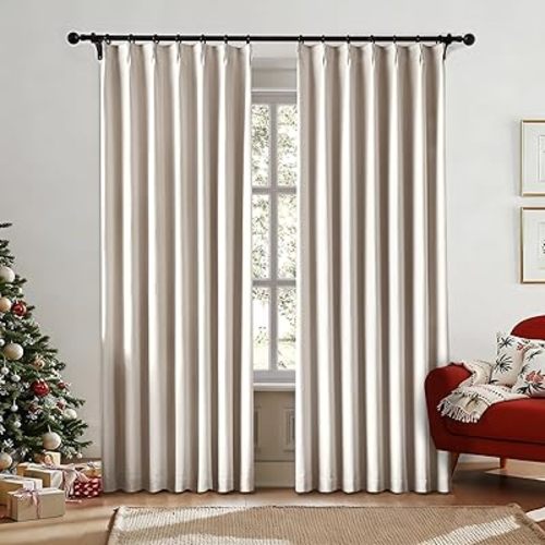 Full Blackout Pinch Pleated Curtains for Bedroom Window Treatment Energy Efficient Thermal Insulated Drapes Ivory Back Tab Linen Strip Textured Weave Curtains 84 Inch Long with Hooks 40"x84", 2 Pcs
