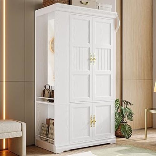 LIKIMIO Armoire Wardrobe Closet with Mirror, 70” Wooden Wardrobe Cabinet with 4 Doors, 2 Open Storage Shelves, Freestanding Bedroom Armoire with 3 Hooks & Hanging Rod for Home Room, White