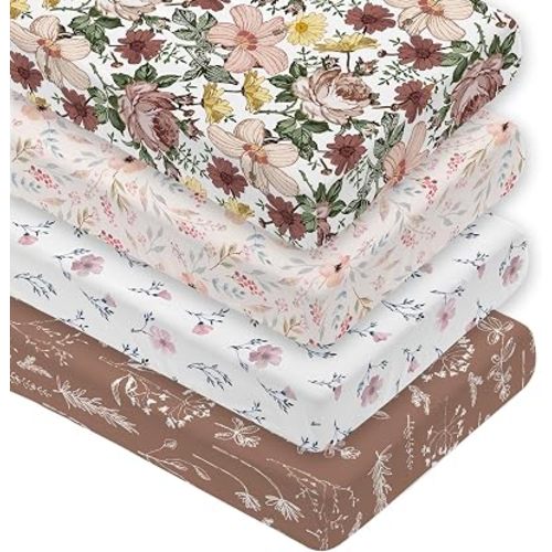 4 Pack Floral Crib Sheet Set for Baby Girl, Soft Breathable Fitted Pink Crib Sheet 28 x 52 in, Vintage Wildflower Nursery Decor for Standard Crib and Toddler Bed Mattresses