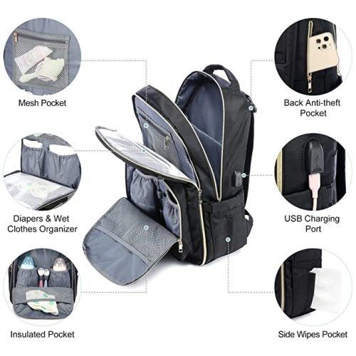 LOVEVOOK Diaper Bag Backpack, Quilted Baby Bag with Changing Pad & Pacifier Holder, Waterproof Travel Diaper Bags with USB Charging Port, Stylish and Large Capacity, Black - Polyester