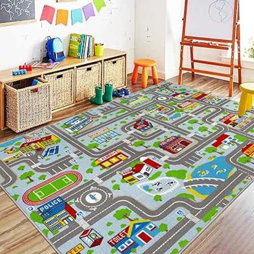 Sky Blue Car Road Kid Rug Carpet Playmat for Playoom Traffic Road Kids Play Mat for Toddler Non Slip Washable City Map Race Track Carpet Rug for Kids Room Bedroom Nursery Room Decor,6.6'x5'