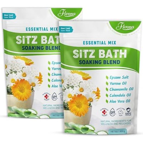 Fivona All Natural Sitz Bath Soaking Blend - Epsom Salt with Pure Essentials Oils - for Hemorrhoid, Fissure, Postpartum Care, Bartholin Cyst Treatment - Essential Mix - 2 Pack (14.1 oz Each)