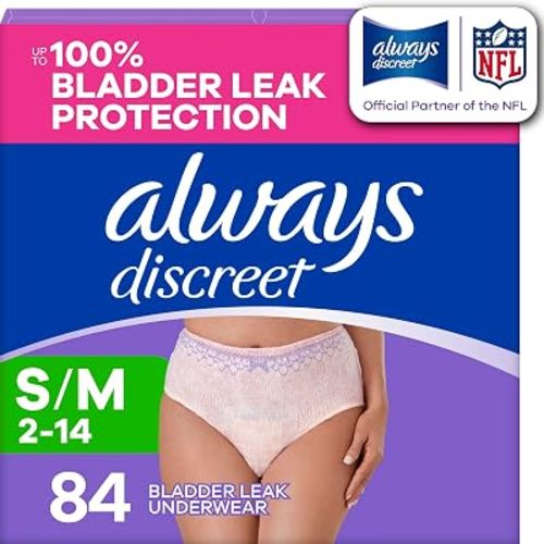 Always Discreet Adult Diapers for Women, Incontinence Underwear, Postpartum Essentials, Disposable Briefs, Max Absorbency, Bladder Leak Protection, Small/Medium, 84ct