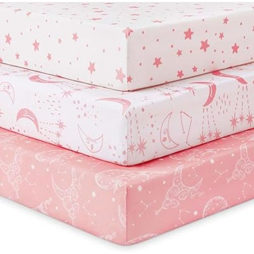 Baby Crib Sheets for Boys Girls, Fitted Crib Sheet Neutral 3 Pack for Standard Crib and Toddler Mattress, Breathable Soft Microfiber Baby Sheet 28x52x8in Pink White Moon